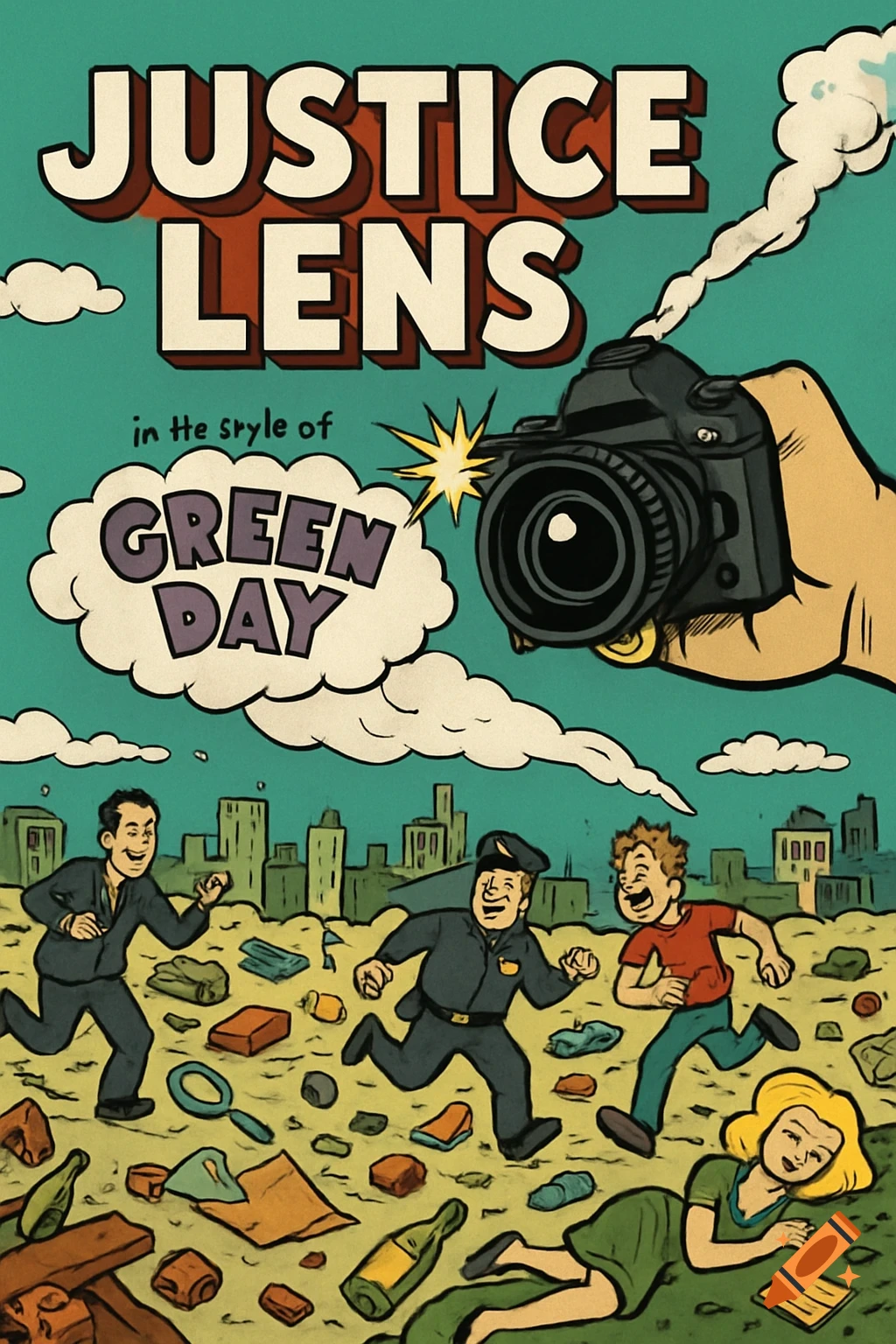 Illustration of an album cover titled Justice Lens in the style of Green Day, depicting people running from a camera.