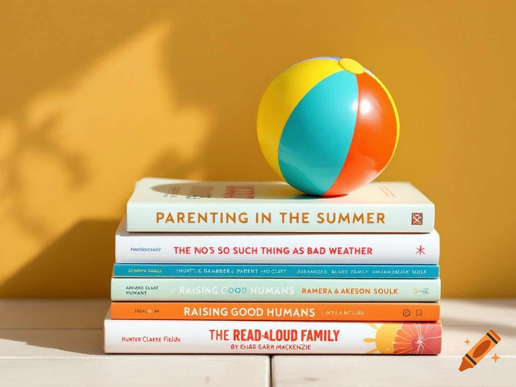 A stack of parenting books with a beach ball on top, against a warm yellow background.