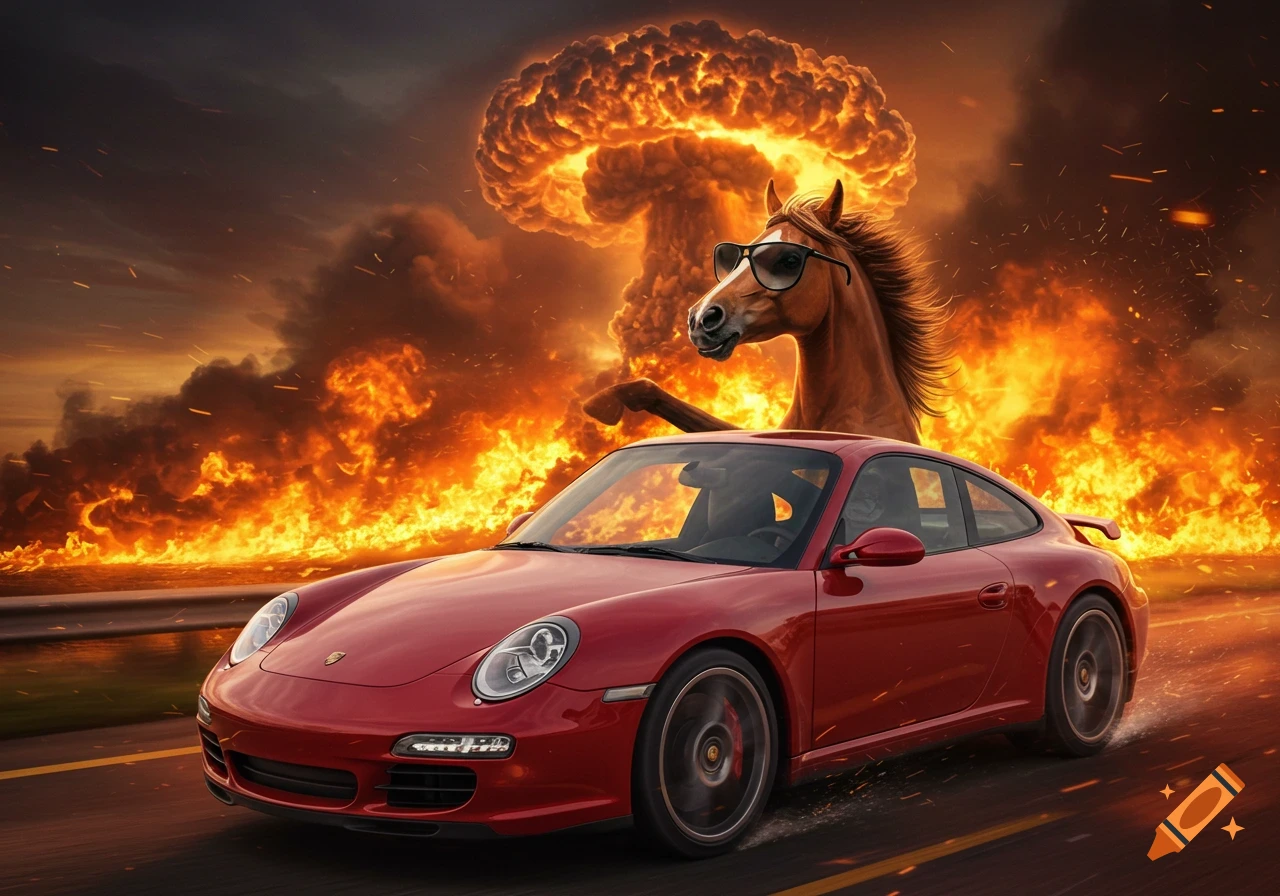 A horse in sunglasses drives a red Porsche away from a fiery explosion with a mushroom cloud.