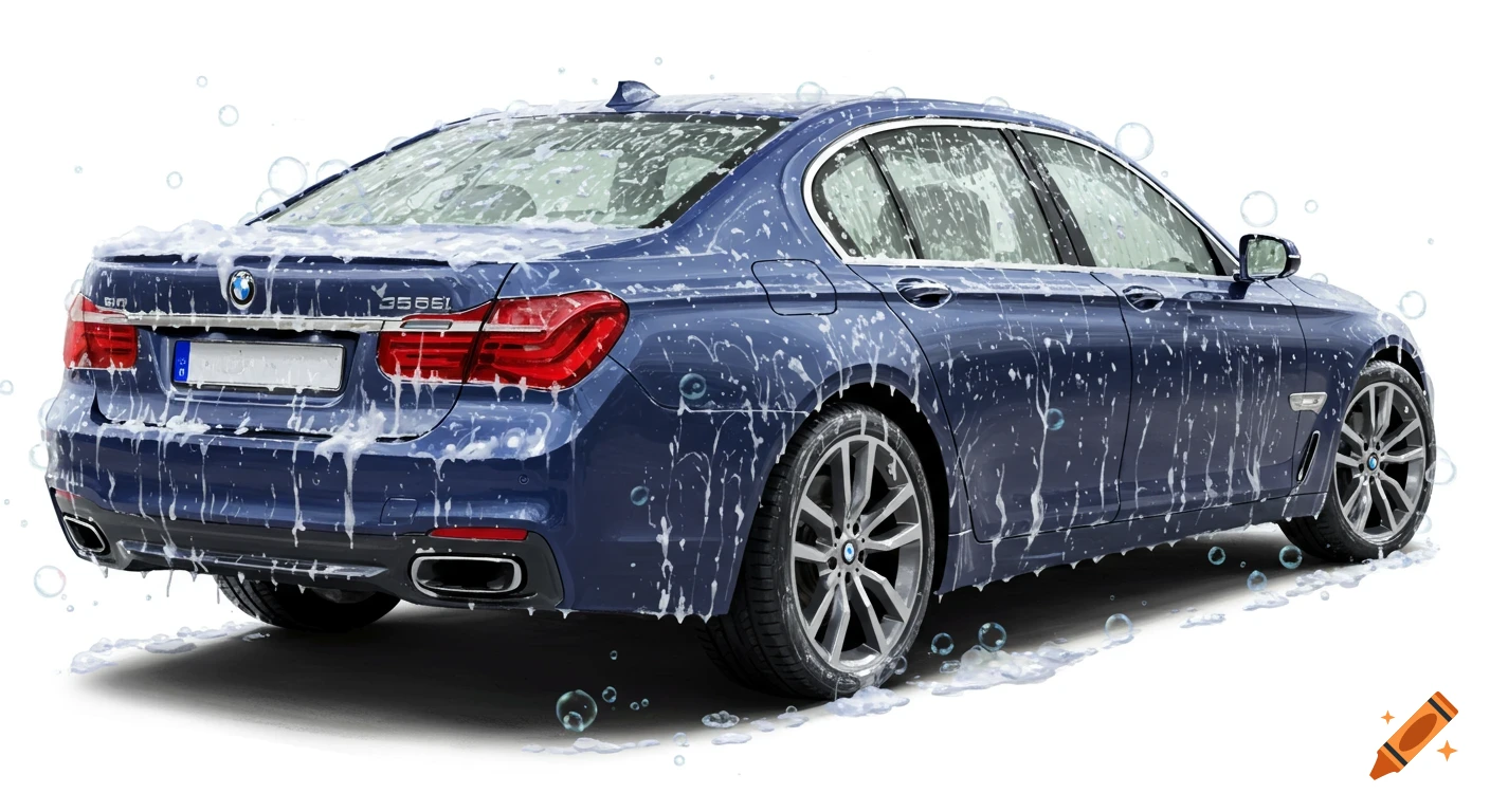 Blue BMW 7 series car being washed, covered in soap and bubbles on a white background.