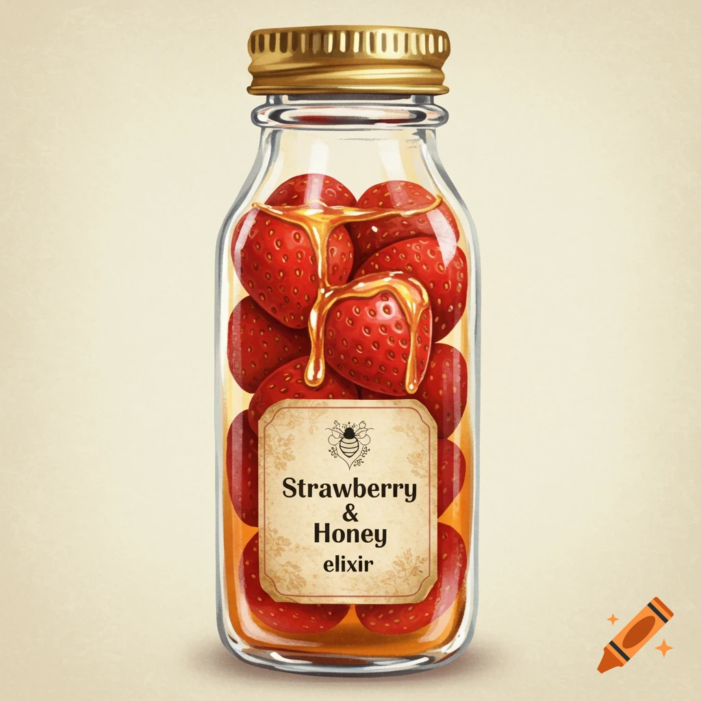 Illustration of a bottle filled with strawberries and honey, with a label.