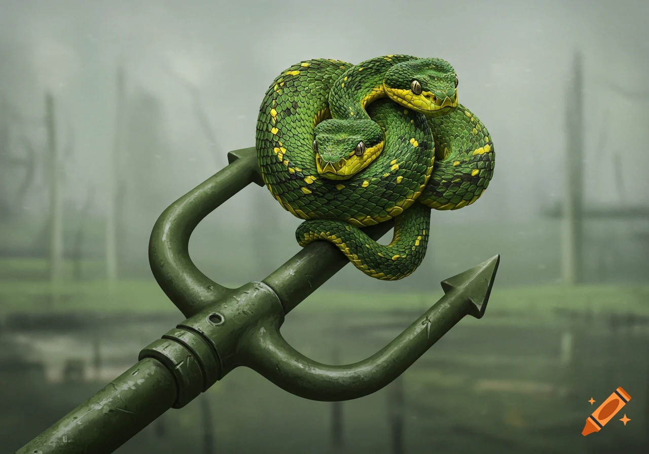 Two green snakes coiled on a trident in a misty background.