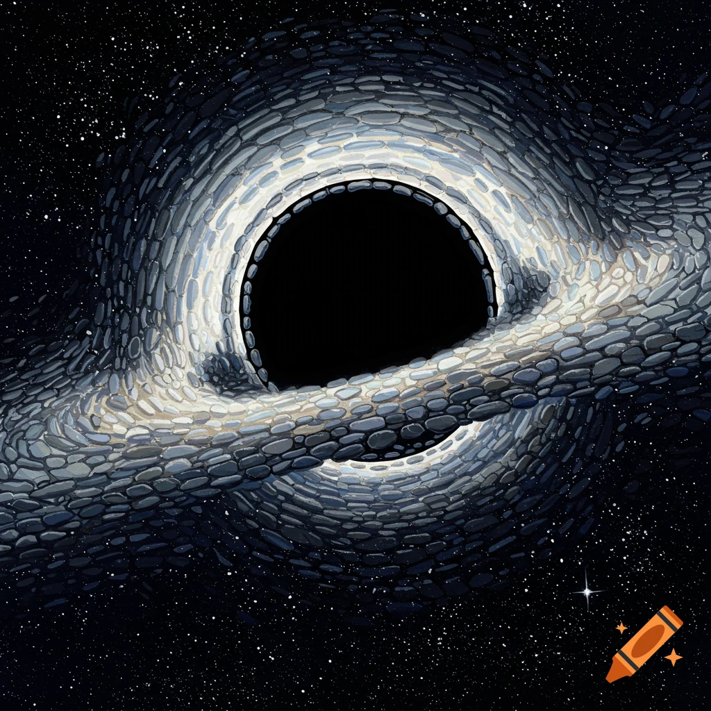 A black hole rendered in a river rock mosaic style in space.