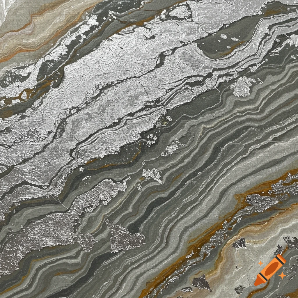 Abstract texture resembling silver leaf and grey geological layers.