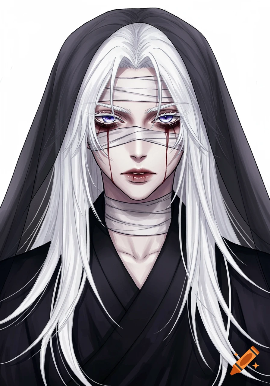 Anime portrait of a person with white hair, eye bandages, and dripping blood.