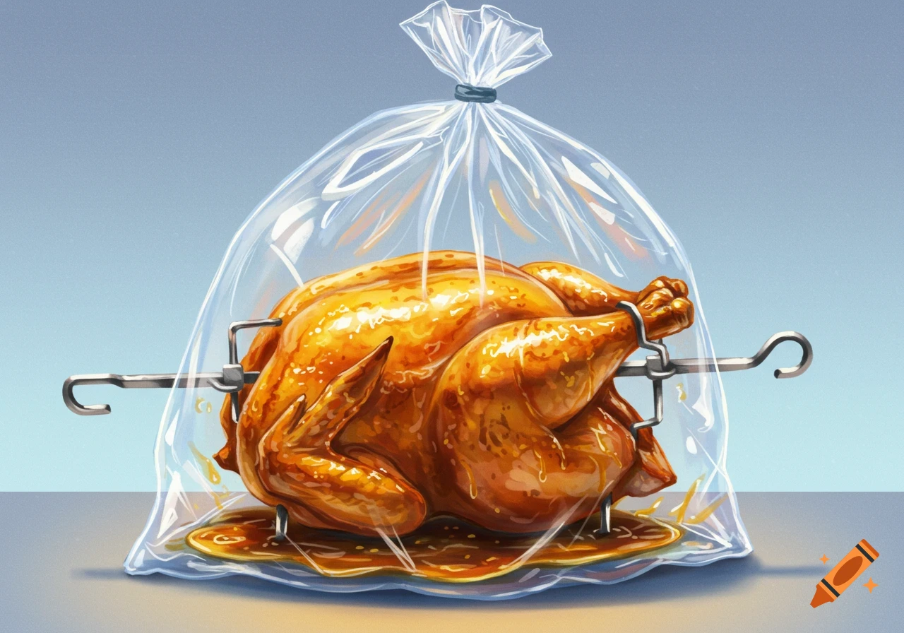 A golden brown rotisserie chicken on a spit, sealed inside a clear, puffed-up plastic bag.