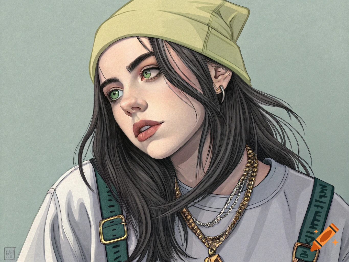 Stylized illustration of a young woman wearing a yellow beanie and layered necklaces.
