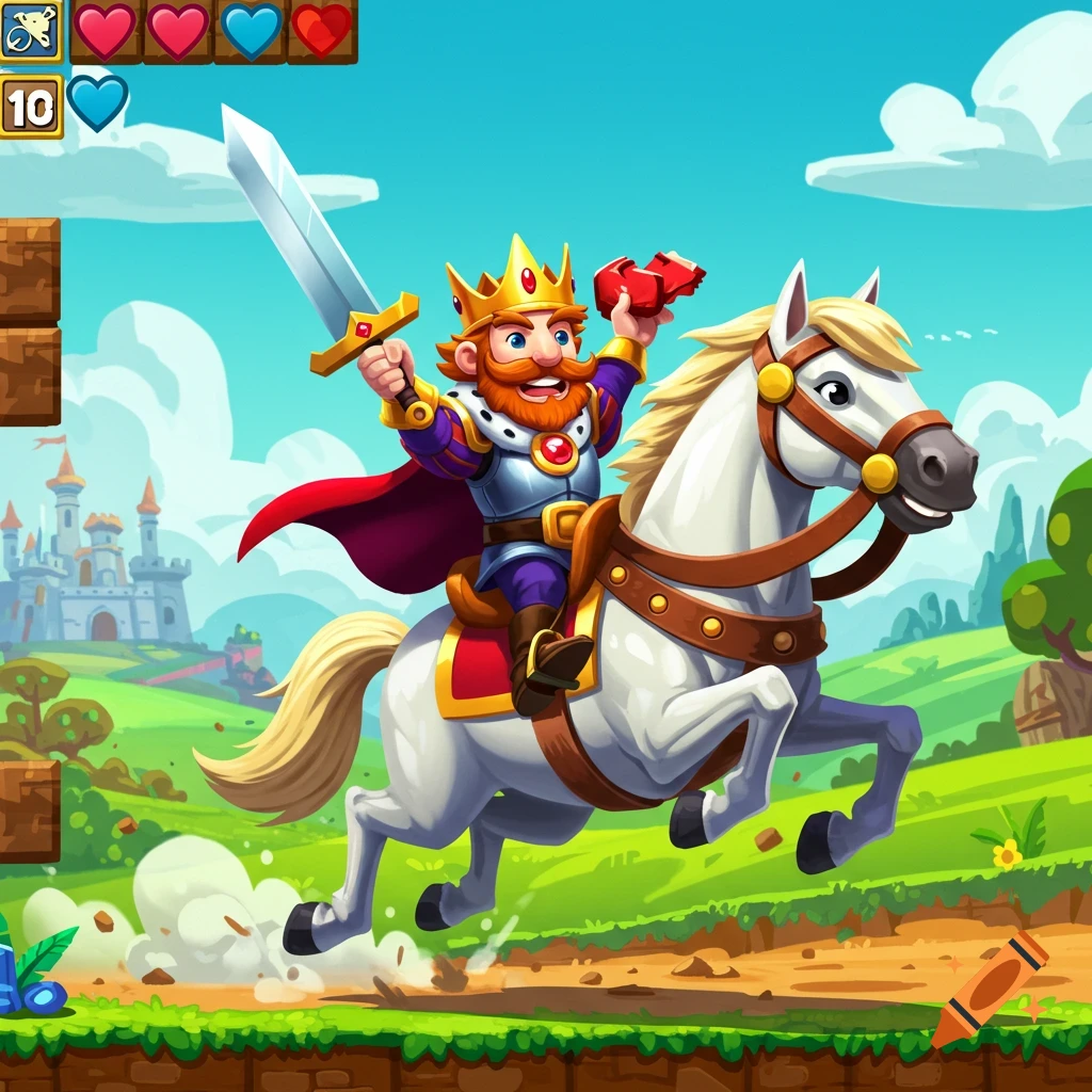 Cartoon king rides a white horse with a sword in a video game style scene with UI elements and castle.