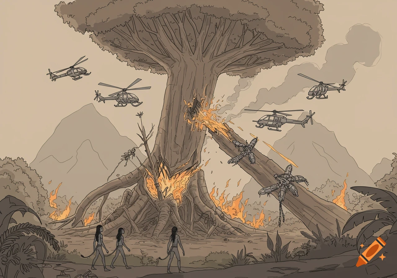 Line art illustration of Hometree falling while attacked by machines and helicopters, with small Na'vi figures watching.