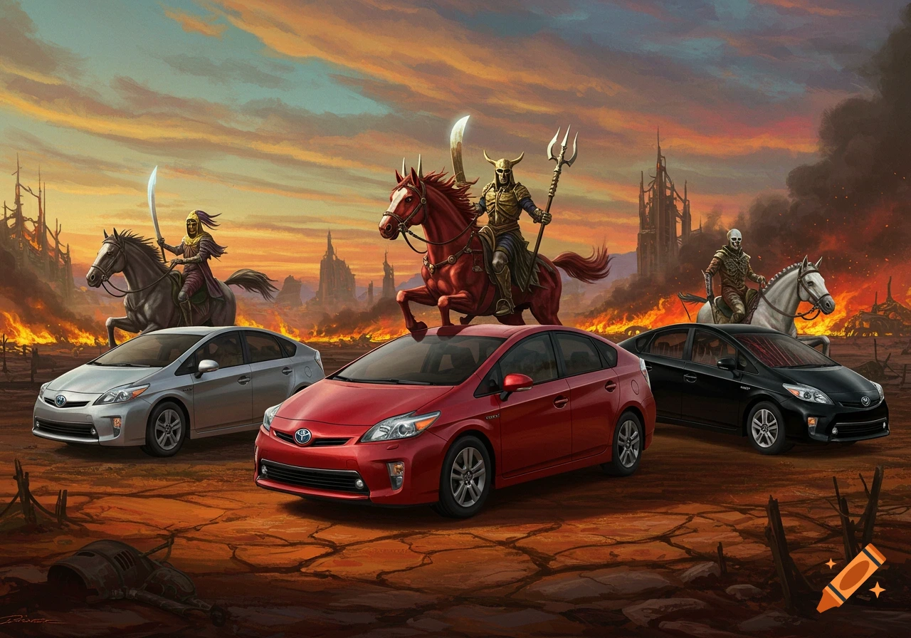 The Four Horsemen and Toyota Priuses in a fiery apocalyptic landscape, digital painting.