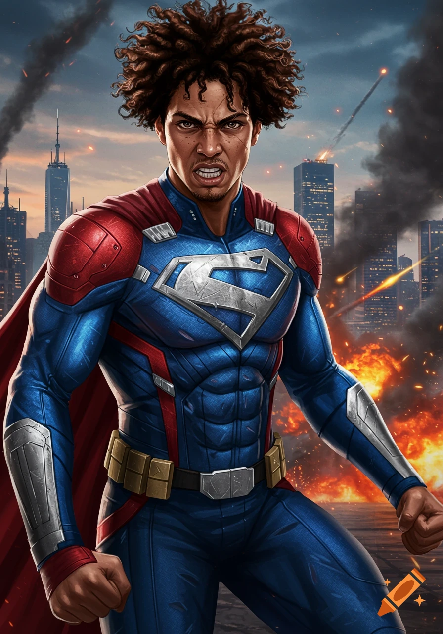 A dark-skinned superhero in a blue and red suit and cape stands fiercely in a ruined city.