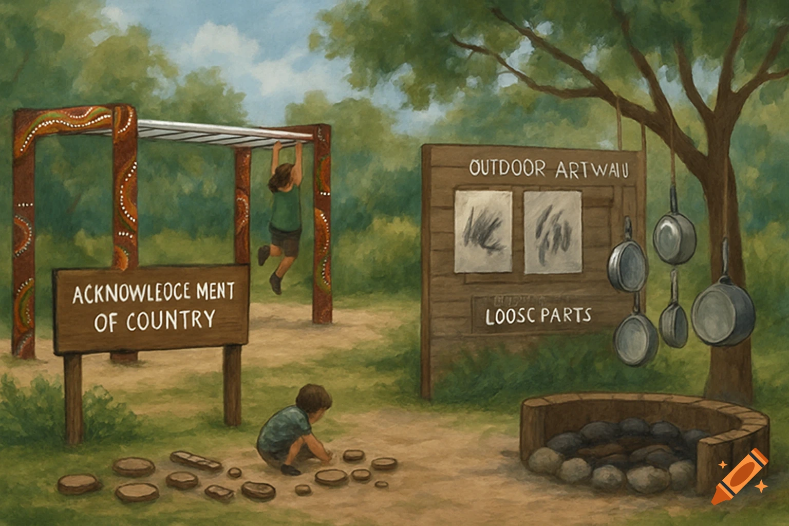 Illustration of outdoor play space with kids, monkey bars, signs, art wall, hanging pots, firepit.