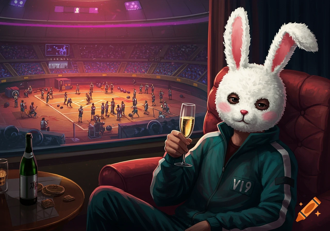 A person in a bunny mask and teal tracksuit sits in a chair overlooking a stadium game while holding champagne.