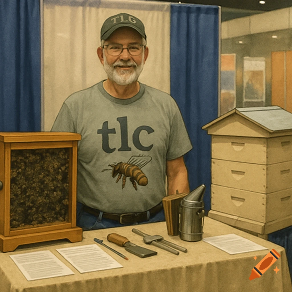 Man with beard and glasses at a trade show booth with beekeeping equipment.