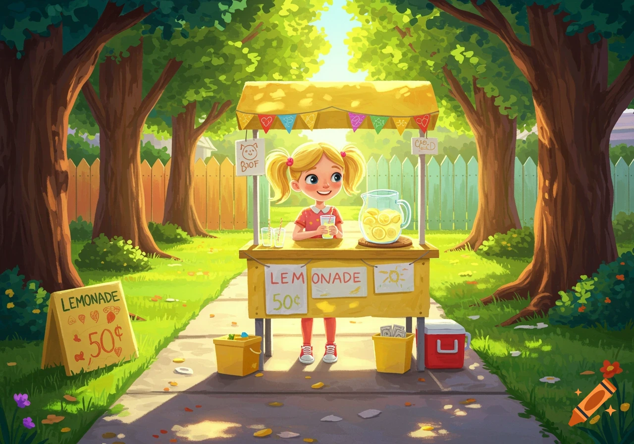 A stylized illustration of a girl selling lemonade at a stand on a sunny day.