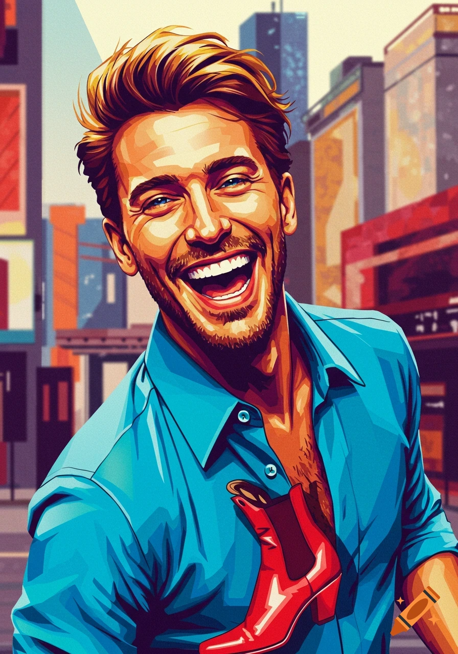 Illustration of a smiling man in a blue shirt with a red boot in front of a city background.
