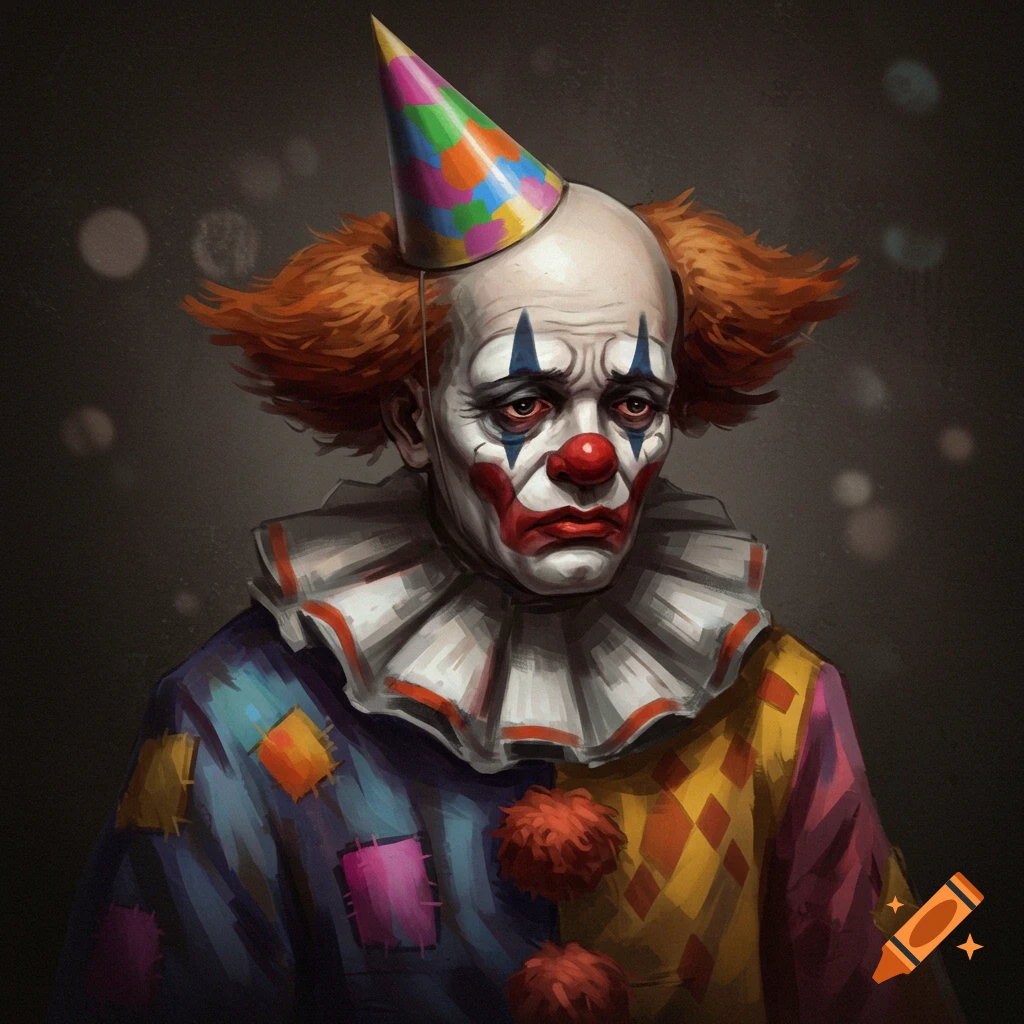 A portrait of a sad clown wearing a colorful party hat and ruffled collar.