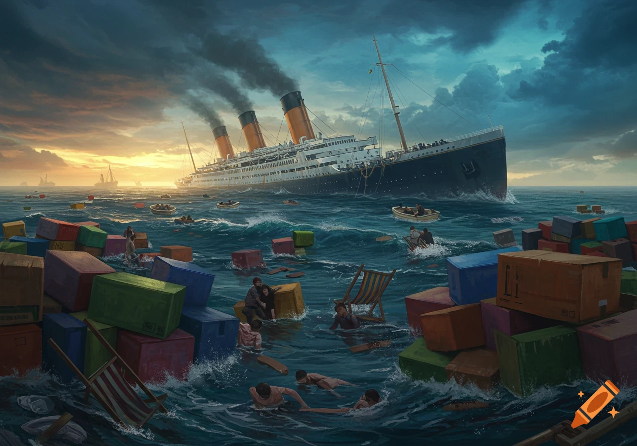A large steamship sinks in a stormy sea at sunset, with people and cargo floating in the water.