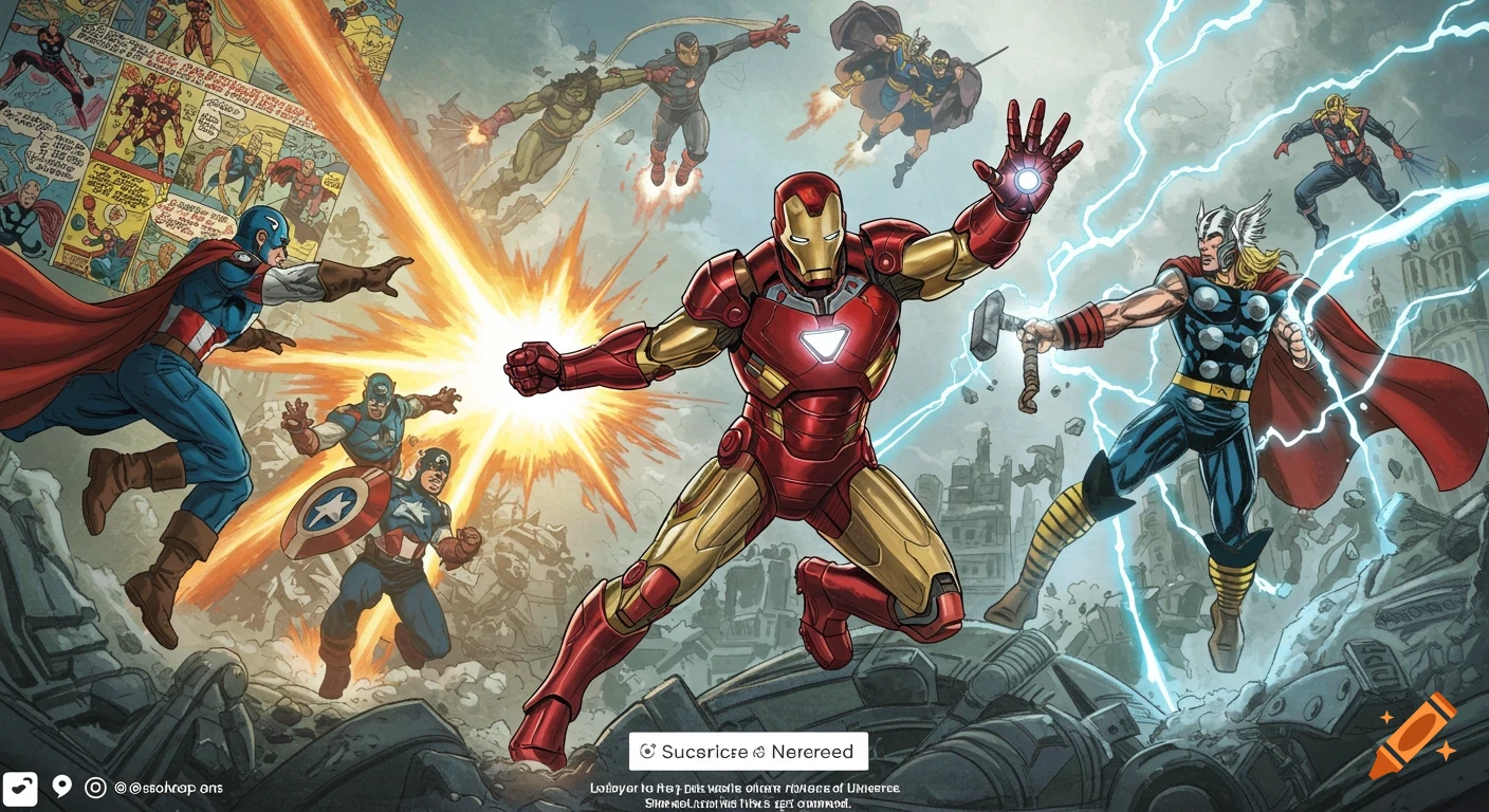 Comic book style image of multiple Marvel heroes including Iron Man, Captain America, and Thor fighting.
