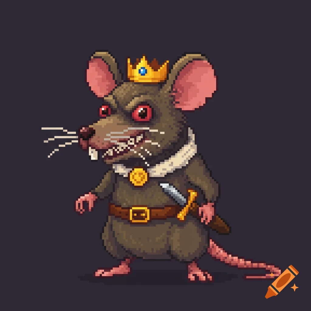 Pixel art of a rat king or boss character with a crown and sword.