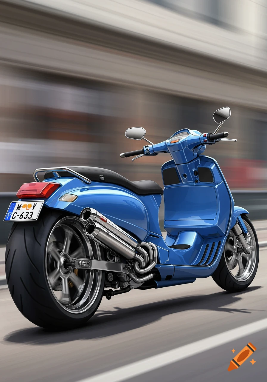 A blue modified Vespa scooter with a large rear tire and exhaust pipes races down a road.