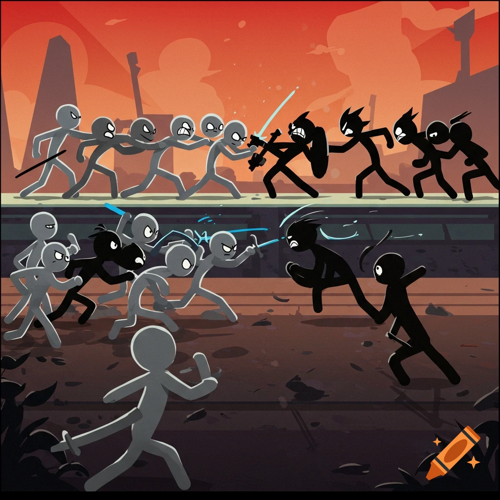 Cartoon animation of grey and black stick figures fighting a battle