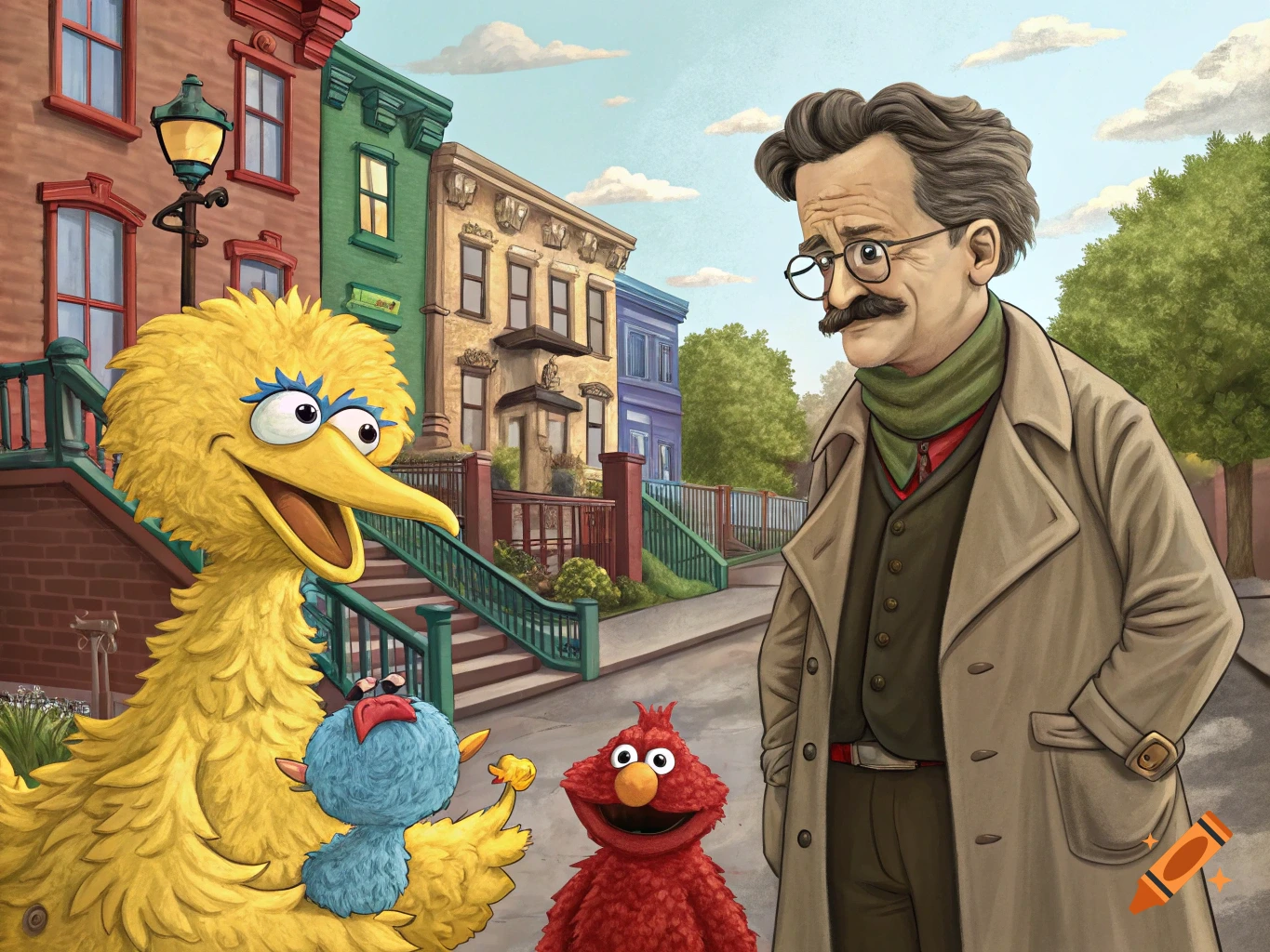 Big Bird, Elmo, a blue puppet, and a man resembling Leon Trotsky stand on a street with brownstone buildings behind them. Illustration style.