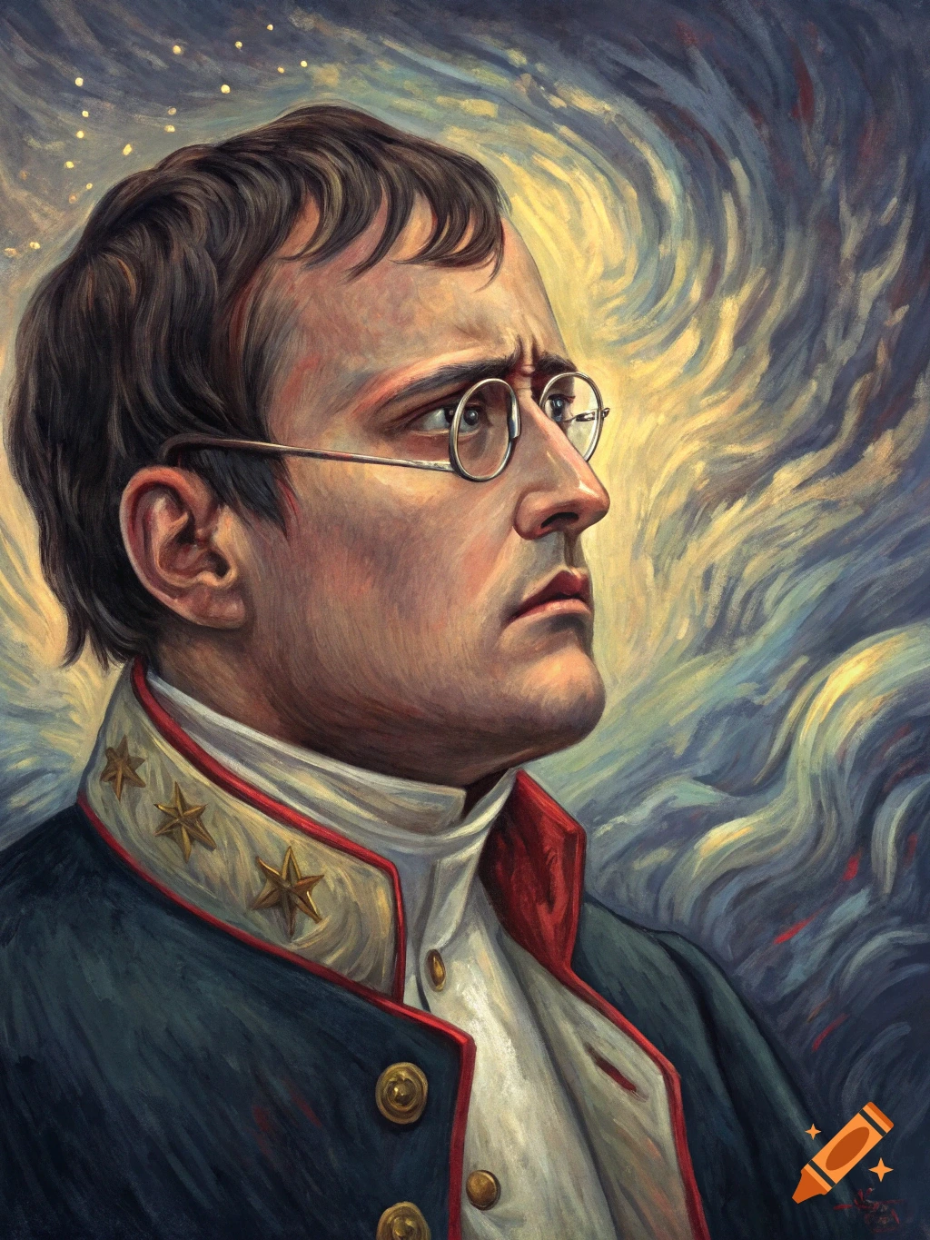 Painting of a historical figure resembling Napoleon wearing glasses and a military uniform, in an expressive, swirly style.