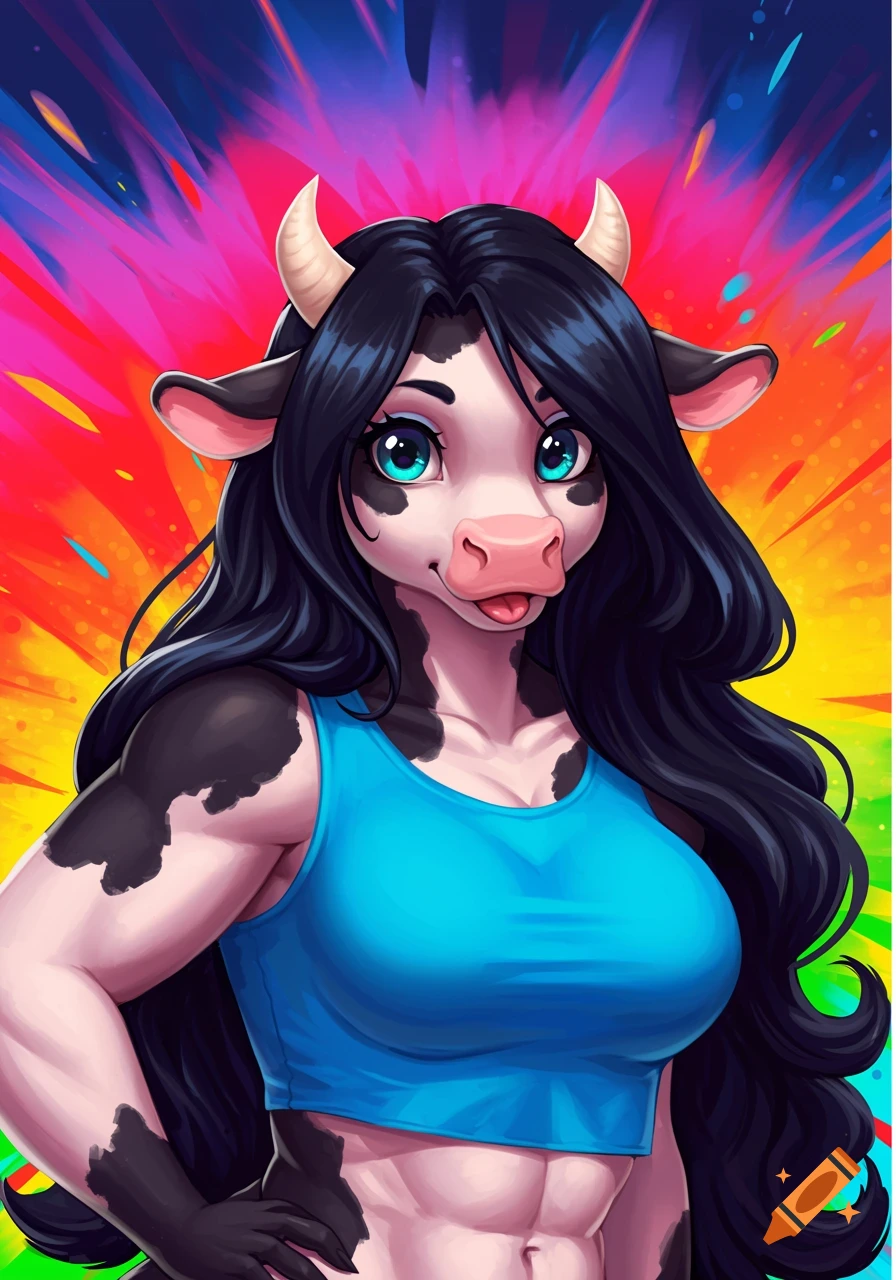 Muscular anthro cow with long black hair in a blue crop top posing confidently against a colorful background.