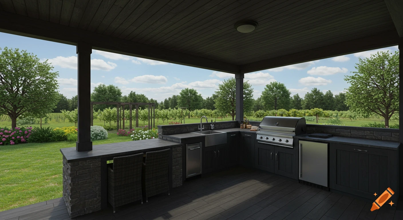 Photorealistic outdoor kitchen and patio overlooking a garden and vineyard.