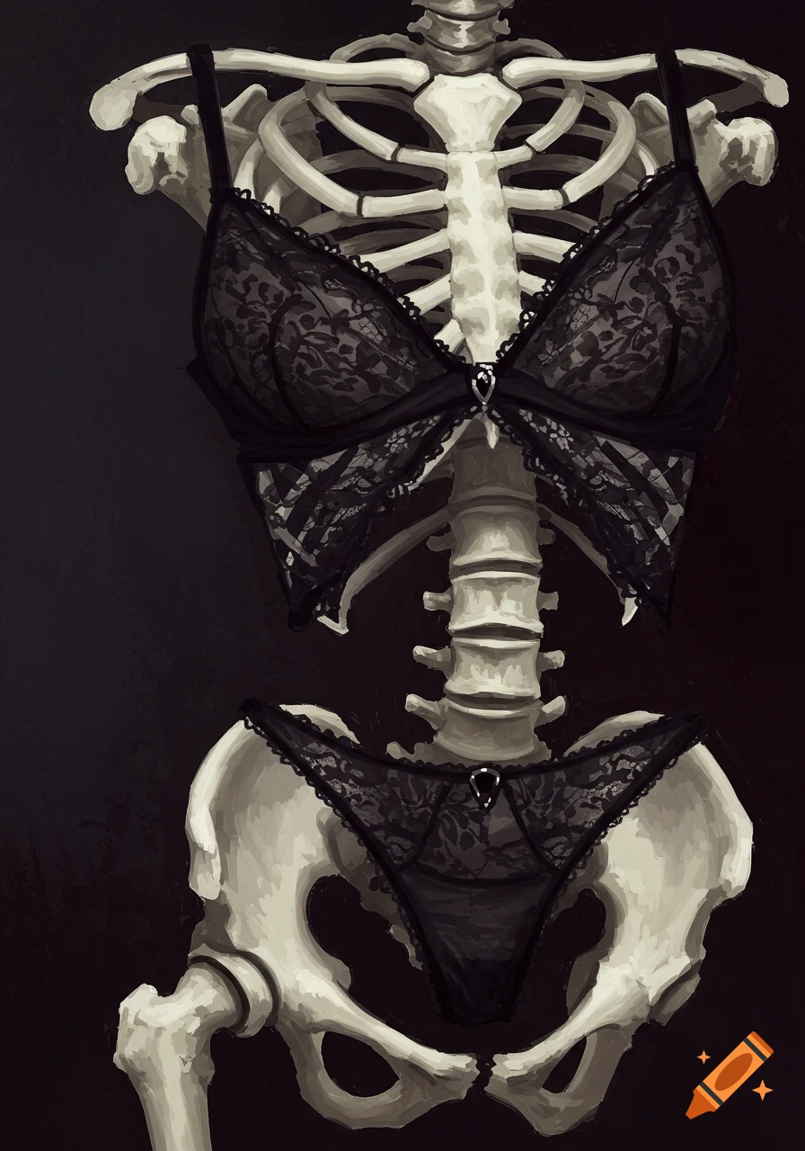 Digital painting of a skeleton wearing black lace lingerie