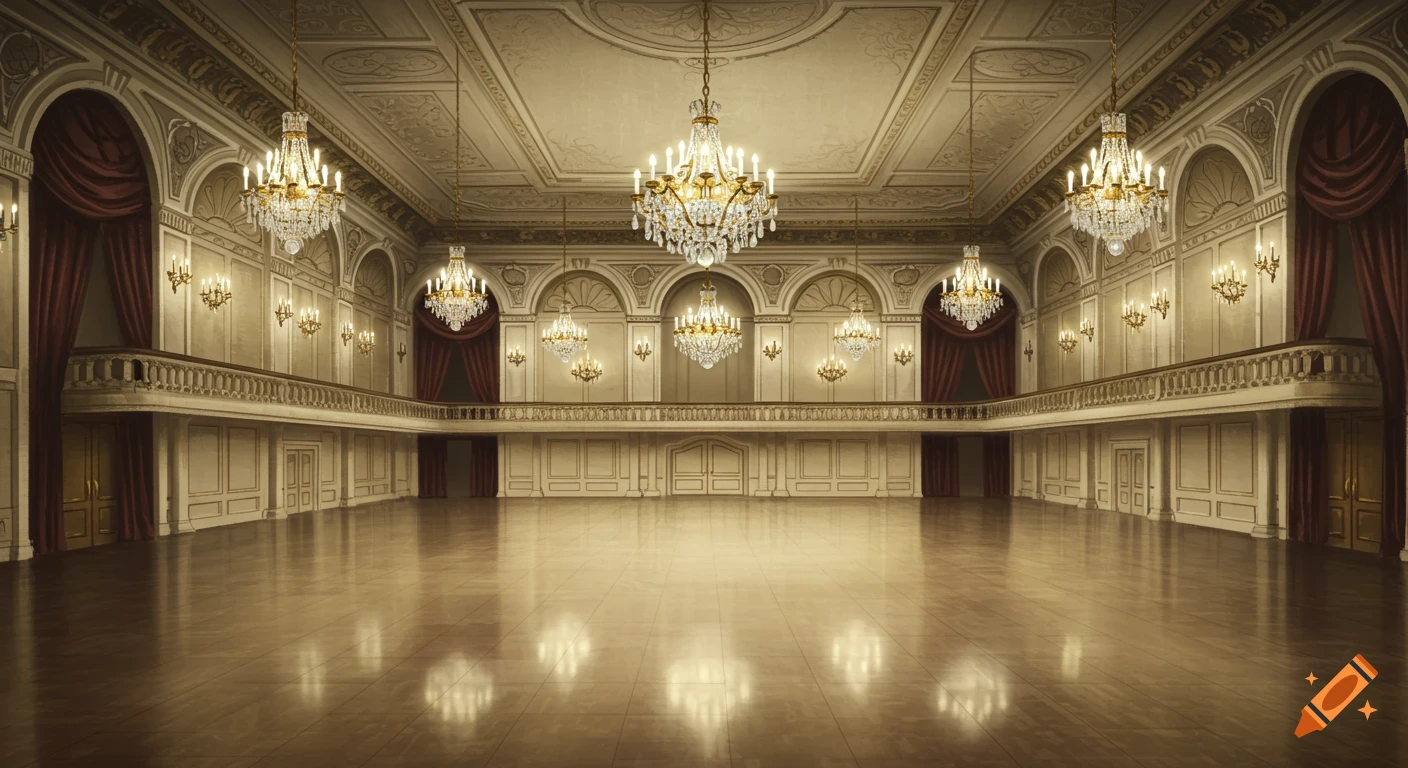An empty, ornate ballroom with chandeliers, a balcony, and red curtains.