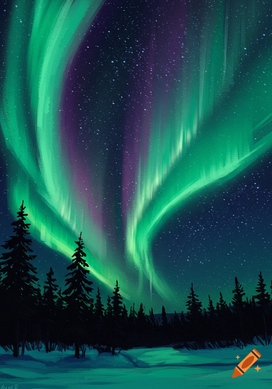 Stylized painting of green and purple northern lights over a dark forest and snowy ground.