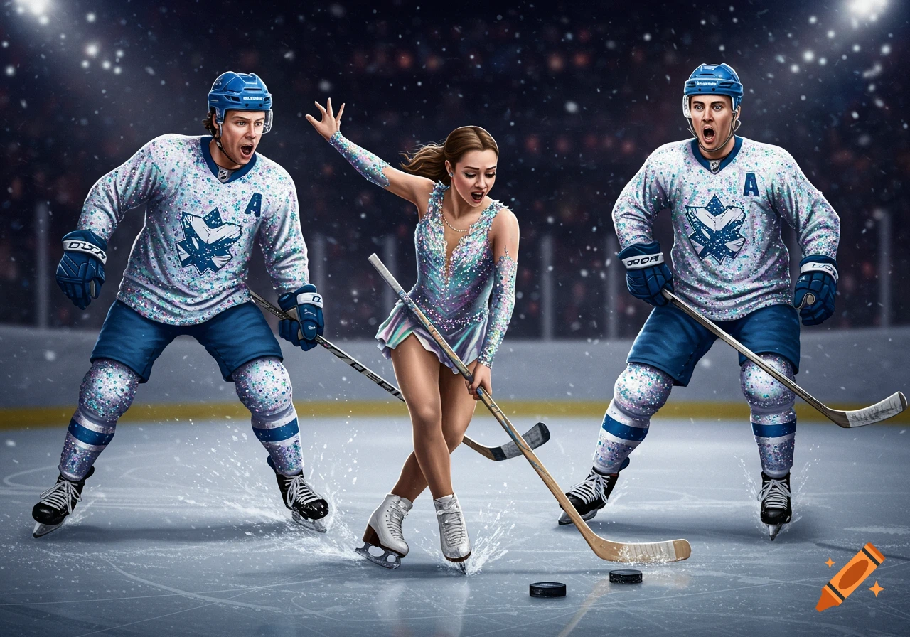 A figure skater with a hockey stick skates between two male hockey players wearing sparkly jerseys on an ice rink.