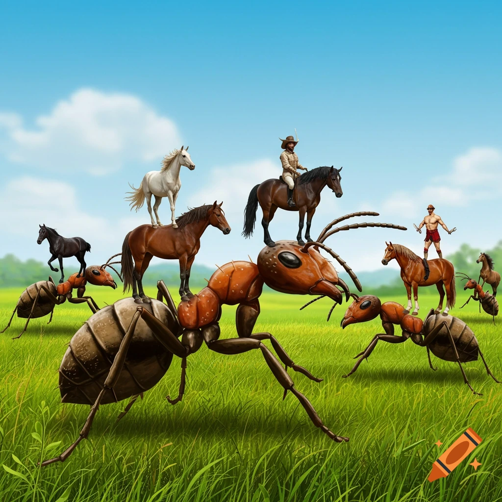 Large ants carry horses and tiny humans across a grassy field in an illustration.