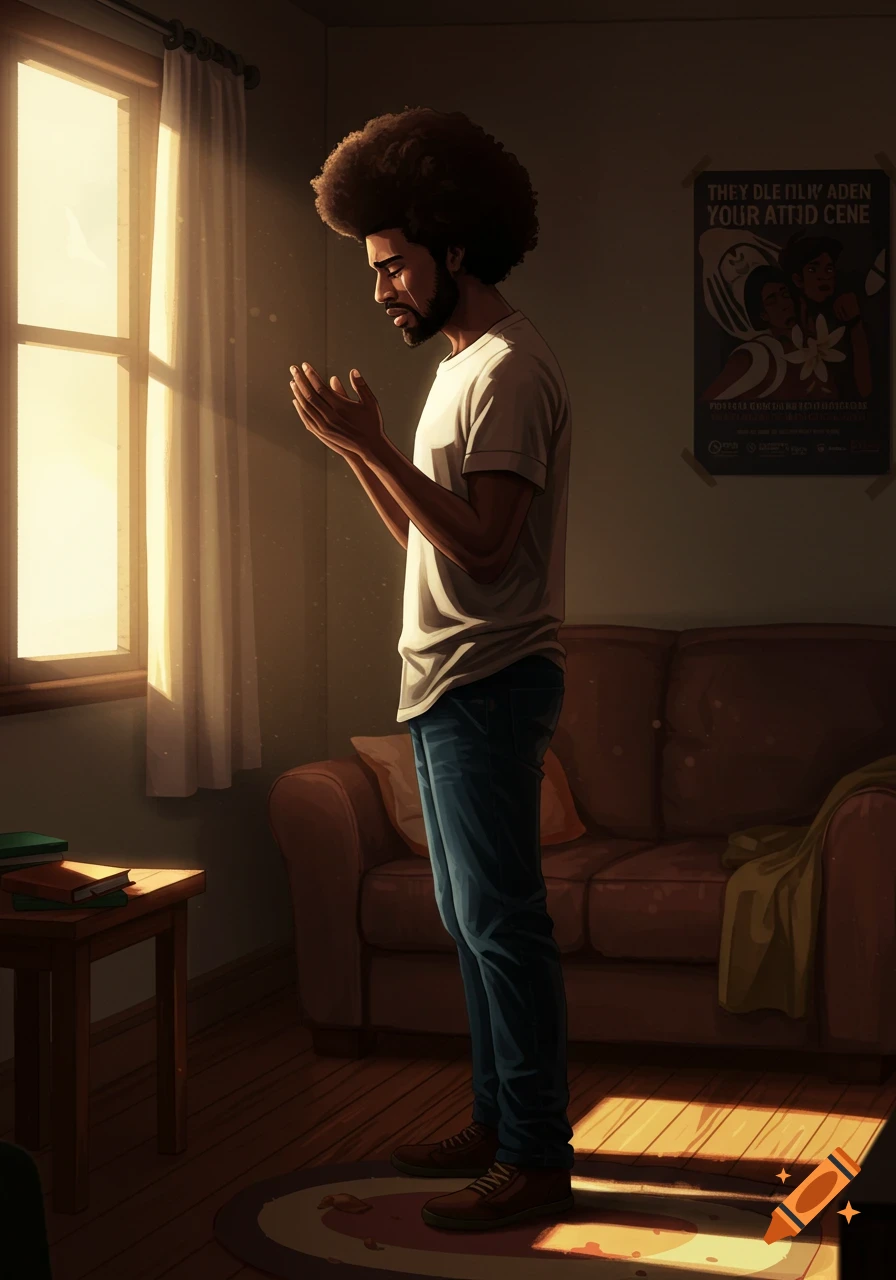 A young Black man with an Afro and beard prays in a sunlit room.