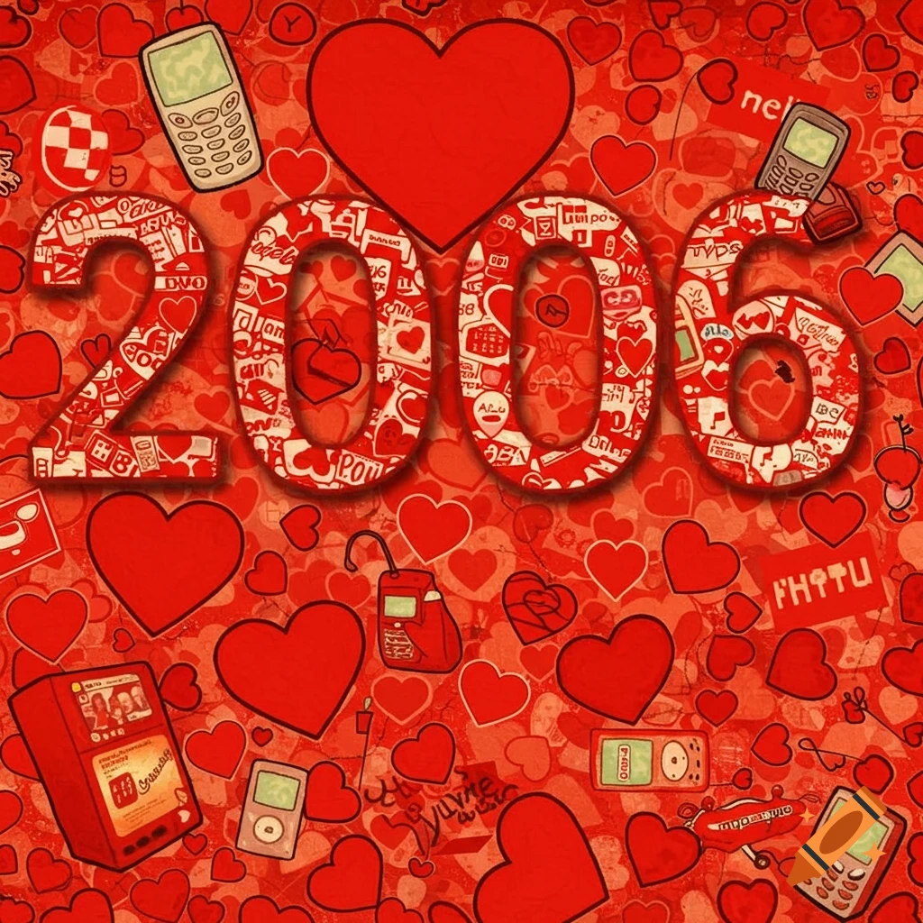 A collage of red hearts forms the number 2006, surrounded by more hearts and retro tech items.