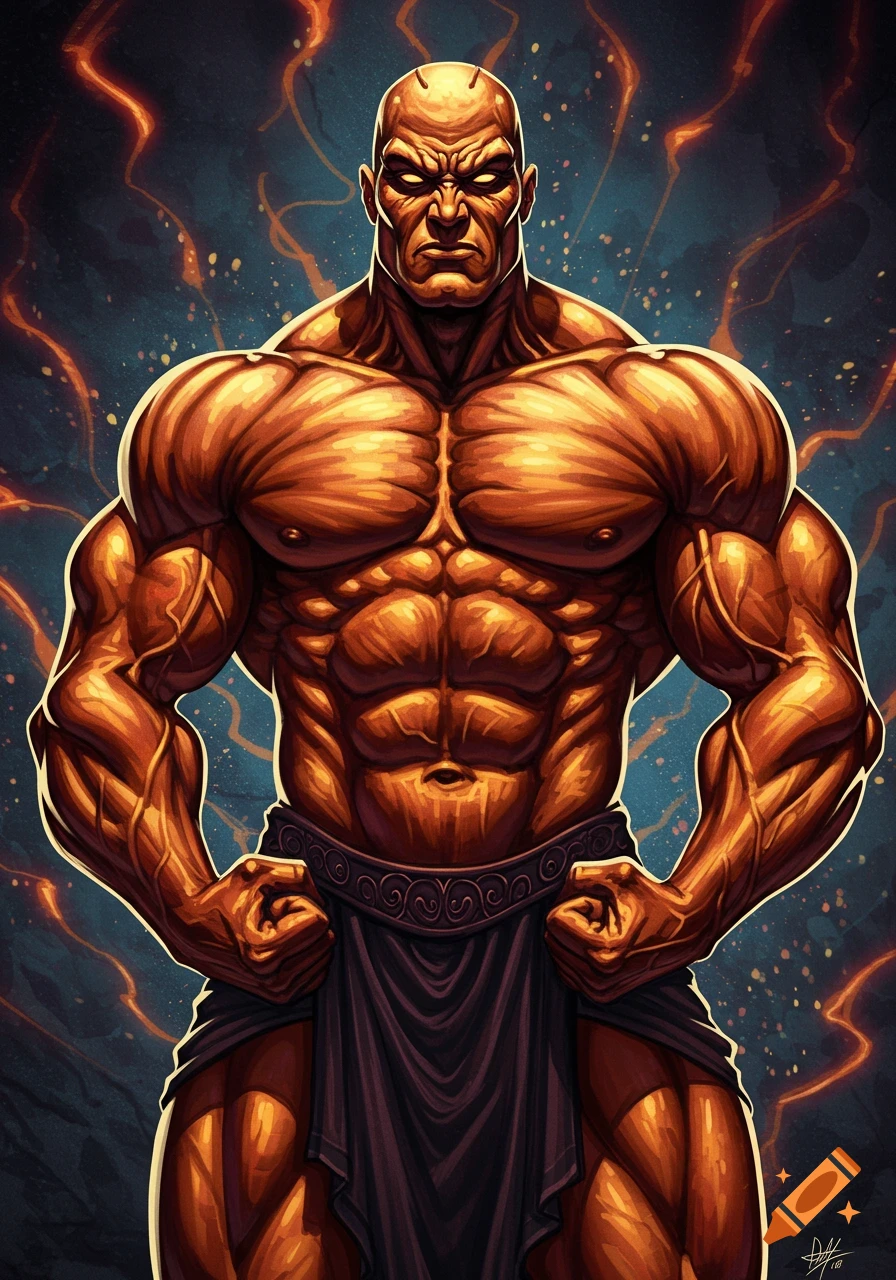 Muscular bald man flexing, intense expression, against orange energy background, comic art style