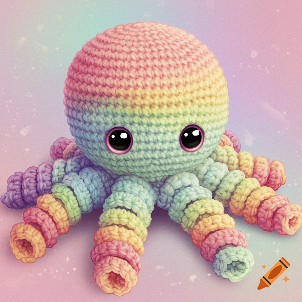 A colorful crochet octopus with big eyes, featuring rainbow-striped tentacles and head.