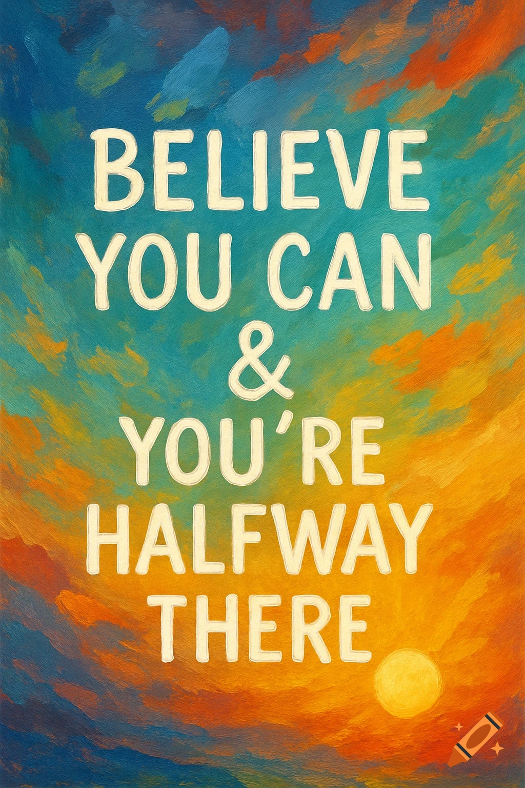 Motivational quote 'Believe you can & you're halfway there' in white text on a painterly blue and orange sky.