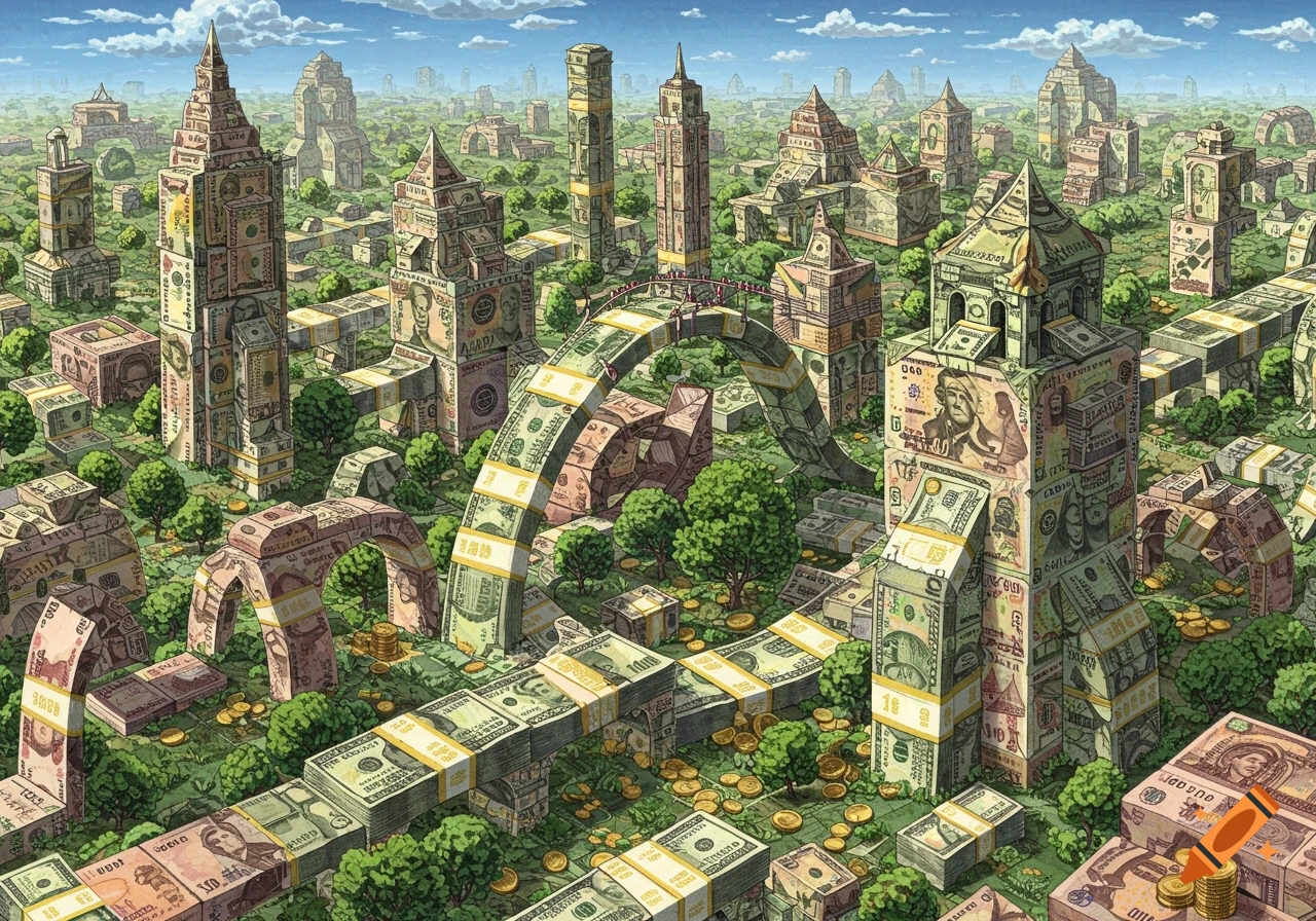 An isometric view of a city where all structures, bridges, and ...