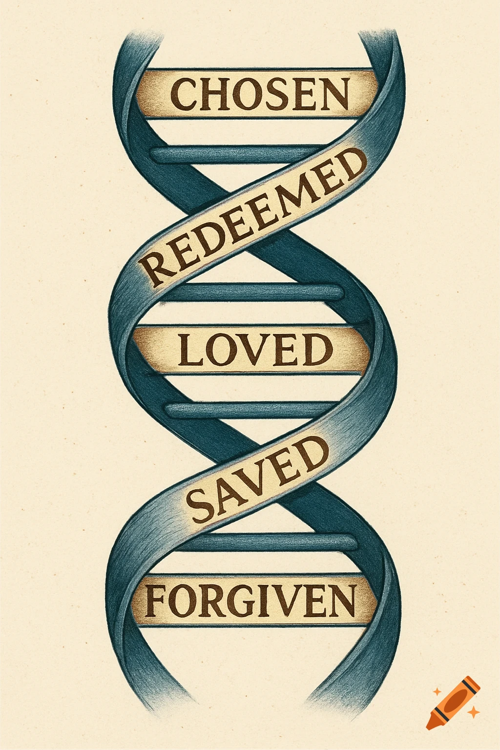 Graphic of a DNA helix with words 'Chosen, Redeemed, Loved, Saved, Forgiven' on ribbons, in a colored pencil style.