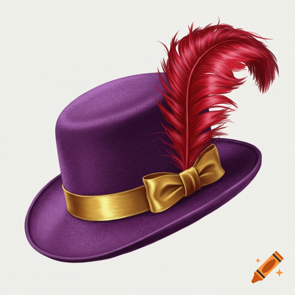 A purple hat with a gold ribbon band and a red feather.