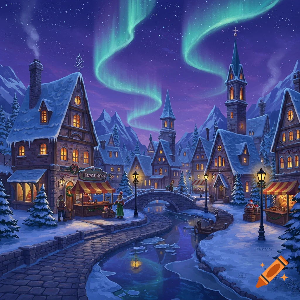 A festive winter town scene at night with green aurora borealis over snow-covered buildings and a river.