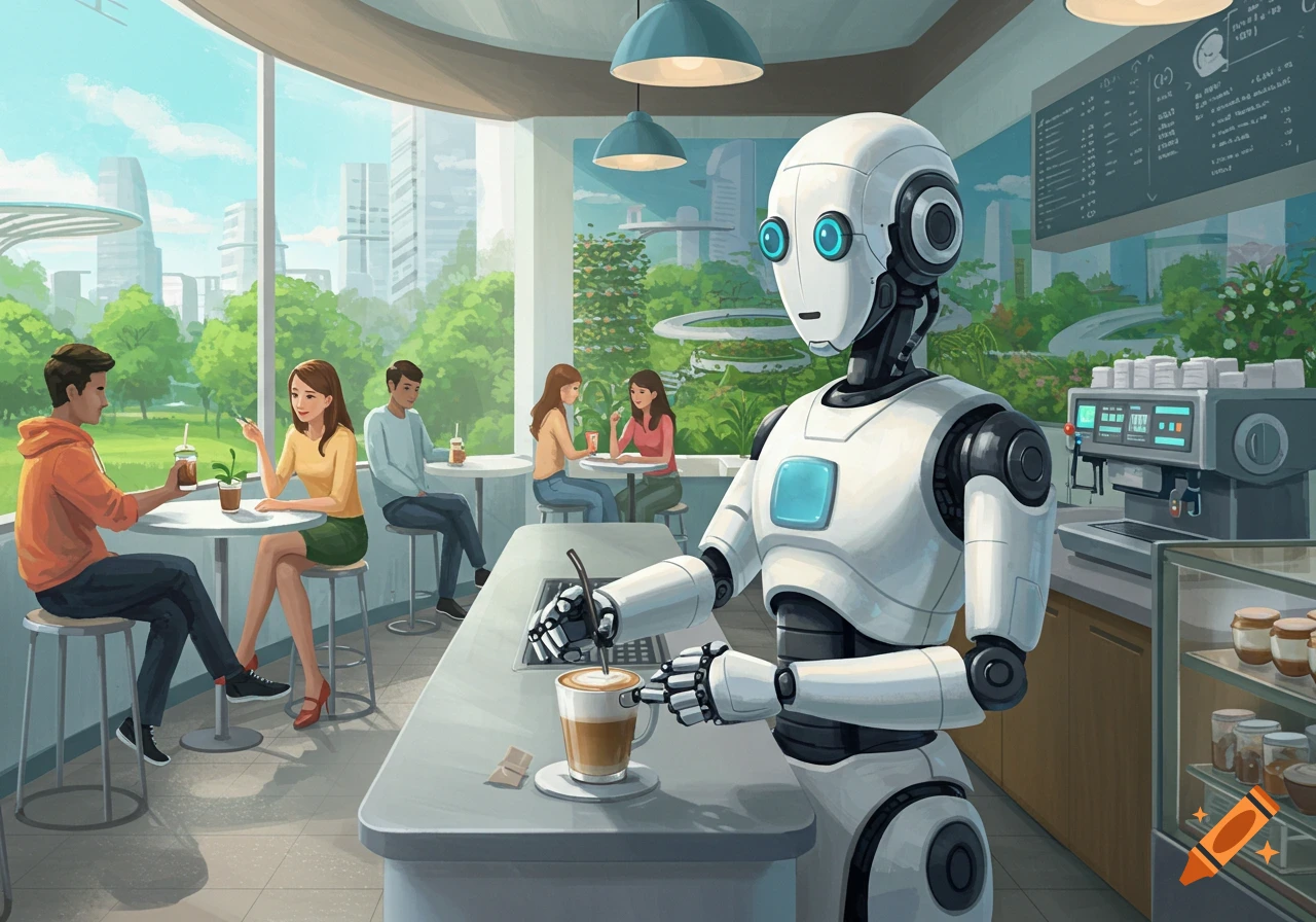 An illustration of a robot barista serving coffee in a bright, futuristic cafe with customers seated at tables.