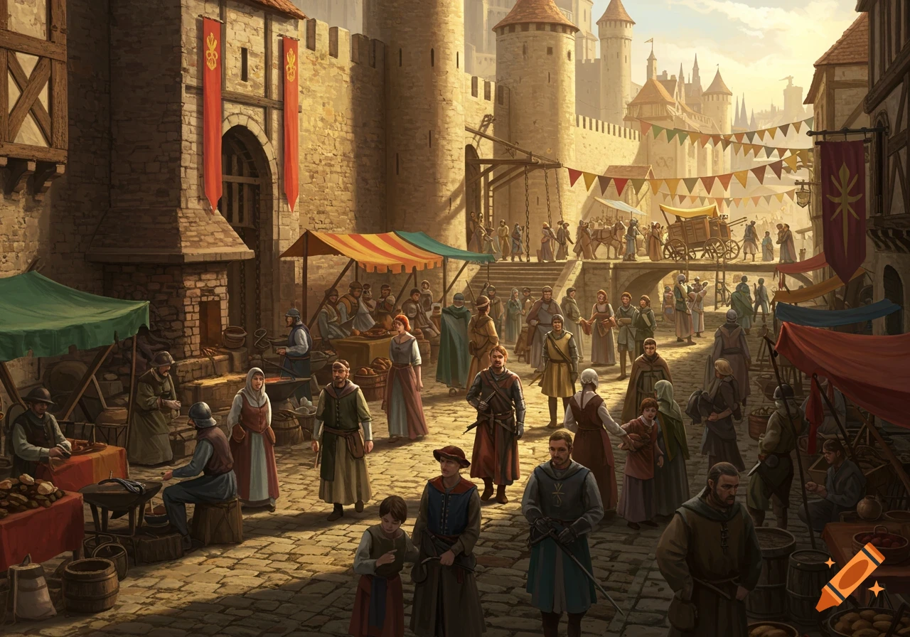 A busy medieval market square in front of a castle gate, digital painting.