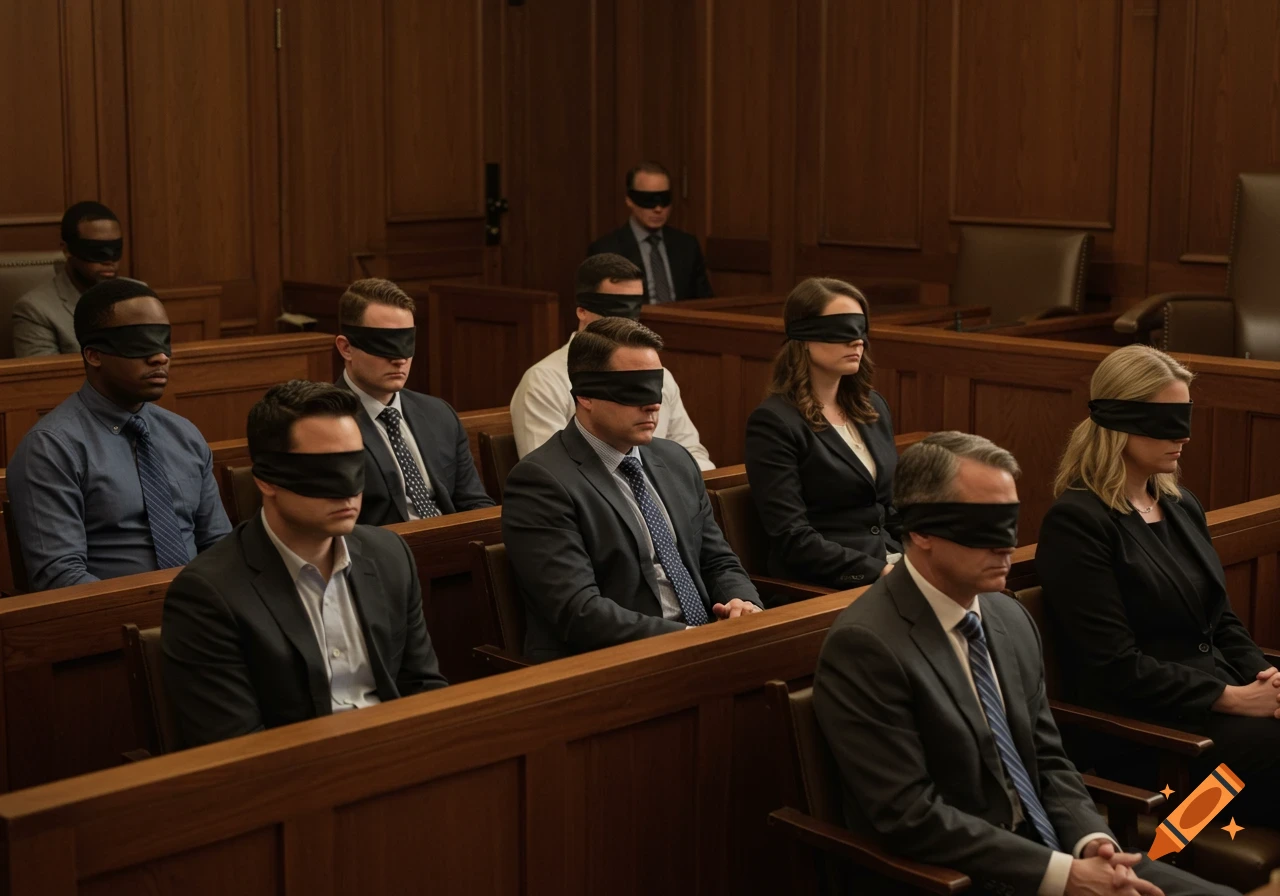Photorealistic image of people wearing blindfolds sitting in a courtroom.