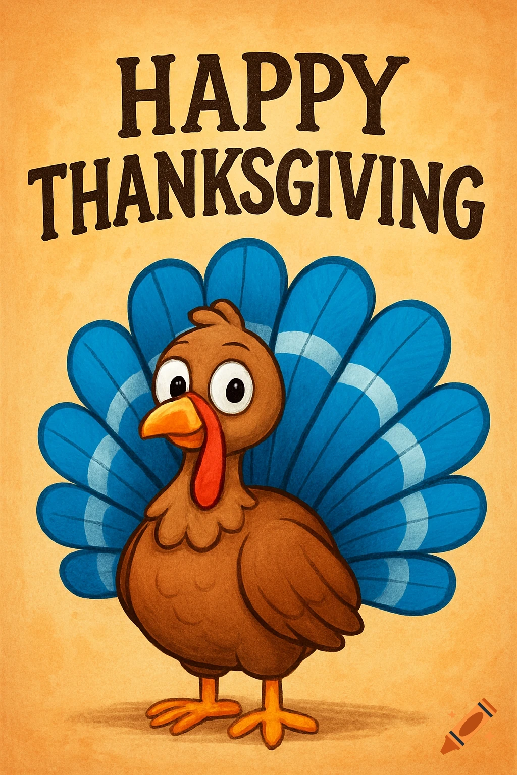 Cartoon turkey with blue tail feathers and Happy Thanksgiving text on an orange background.