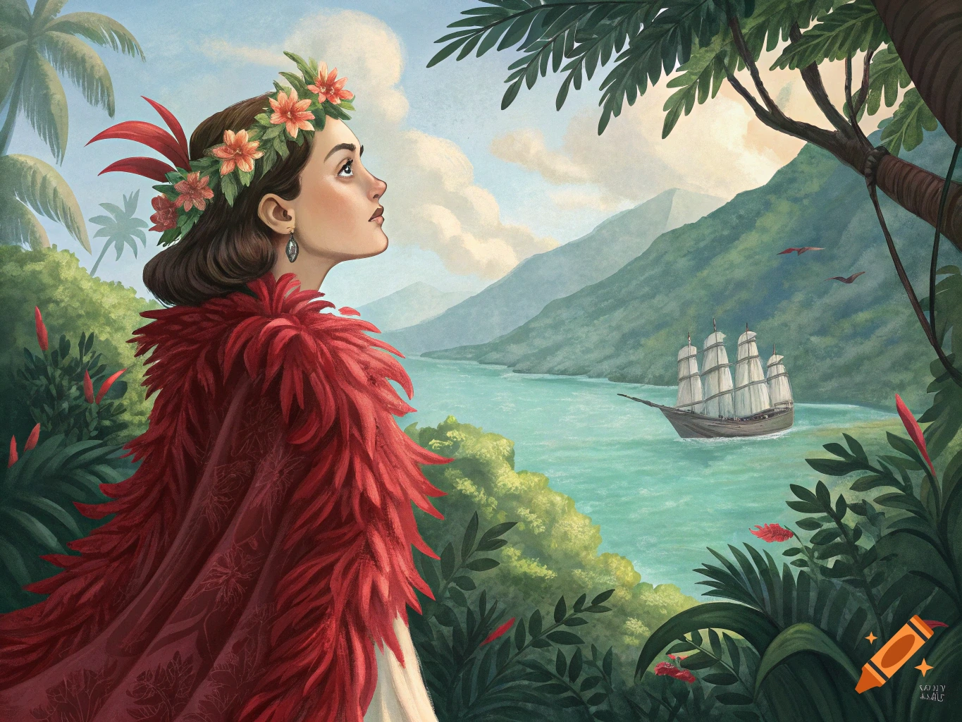 A woman in a red feather cloak and flower lei looks at a sailing ship in a tropical bay, art in the style of Herb Kane.