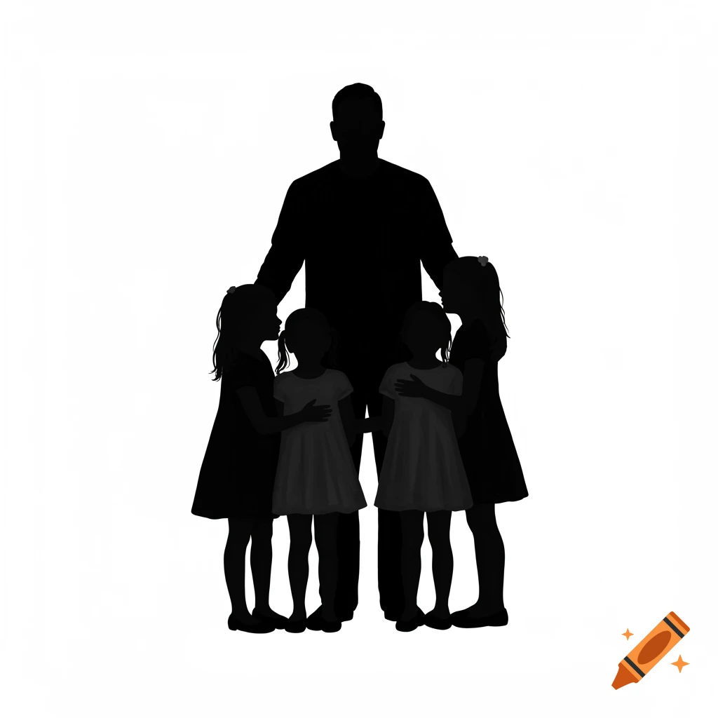 Silhouette of a man with four young girls standing around him.